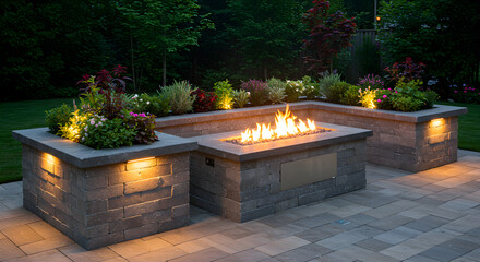 Elegant Outdoor Fire Pit Feature With Garden Planters And Stone Pavers