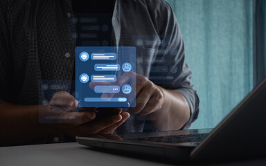 Contact us, Chatbot conversation assistant. Person using online customer service with chatbot to get support. AI automatic answering machine. Artificial intelligence, customer service online center.