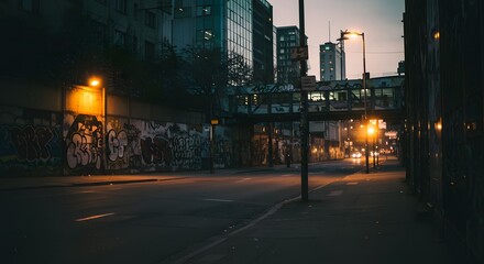 Empty Urban Street at Dusk with Graffiti and City Buildings