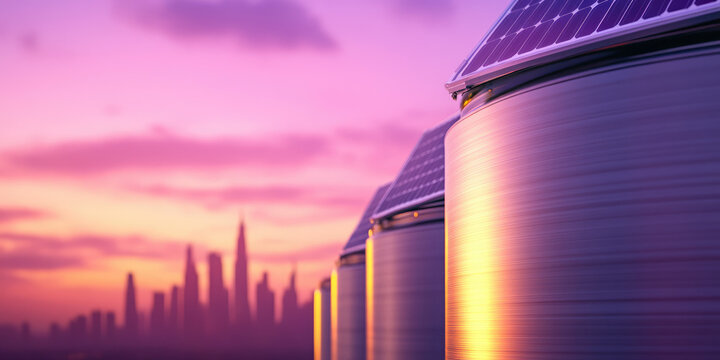 Silos with solar panels are aligned in front of a city skyline during a vibrant sunset. Renewable energy and sustainable architecture concept