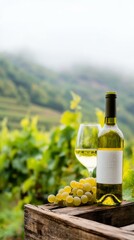 Fototapeta premium Wine bottle mockup with vineyard backdrop in Portugal, showcasing scenic landscape and fresh grape harvest.