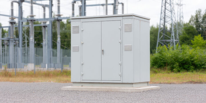 Electrical transformer box on a gravel surface near high-voltage equipment in an industrial area. Utility infrastructure and energy