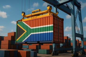 Shipping container decorated with the South African flag being lifted in port, symbolizing African export logistics and international trade. South Africa flag container lifted by crane

