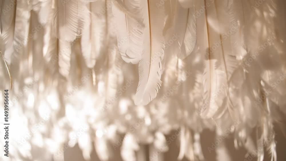 Poster close-up shot of elegant white feathers creating soft textures, abstract composition with gentle sha