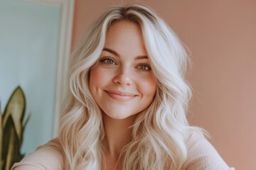 Naklejka premium Influencer smiling and showing dimples while taking selfie