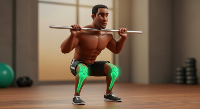 Animated male character performing squat exercise with barbell at gym