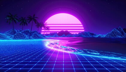 Beach futuristic glowing 3D wireframe style 80's