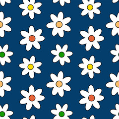Summer vector seamless cartoon pattern with many daisy flowers. Floral pattern on blue background. For summertime design of item and clothing, wrapping paper, wallpaper, and gift box decorating.