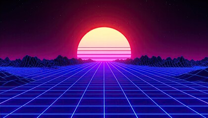 Sunset in futuristic glowing 3D wireframe style 80's