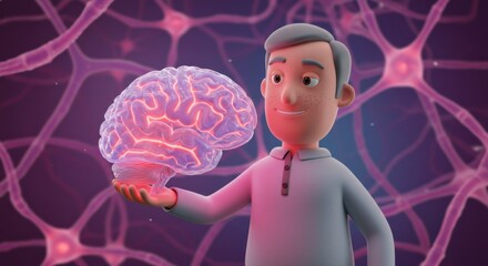 Animated character holding a glowing brain with neural network background