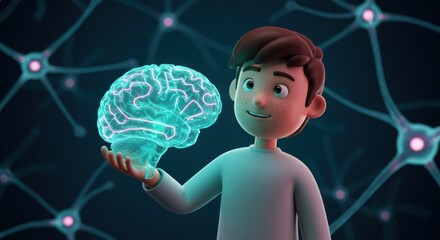Futuristic Illustration of a Young Boy Holding a Glowing Brain Amid Neural Network Background