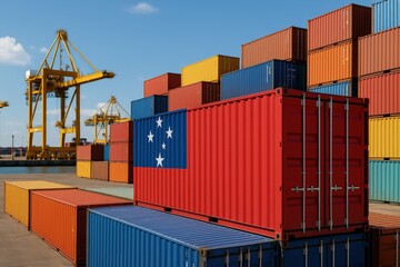 Fototapeta premium Red freight container marked with the Swiss national flag positioned at a modern container port under clear skies. Swiss cargo container at shipping dock