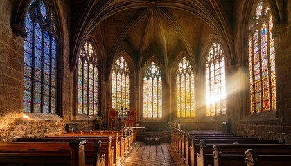 Obraz premium sacred ancient stone church interior with divine light rays illuminating through stained glass windows at dawn