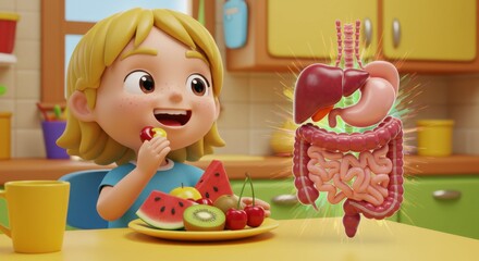 Animated Child Eating Fruit in a Bright Kitchen with 3D Digestive System Illustration