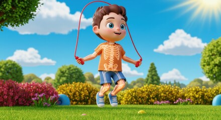 Animated Child Jumping Rope in Bright Park with Vibrant Flora and Blue Sky