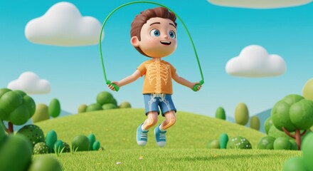 Animated Boy Jumping Rope in a Vibrant, Playful Outdoor Scene