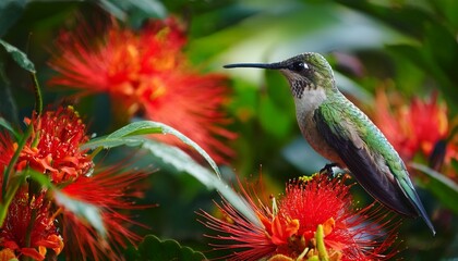 Obraz premium hummingbird in lush tropical garden with red flowers and greenery