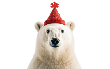 Polar bear wearing a tiny red party hat with maple leaf pattern celebrating a festive occasion isolated on white background PNG