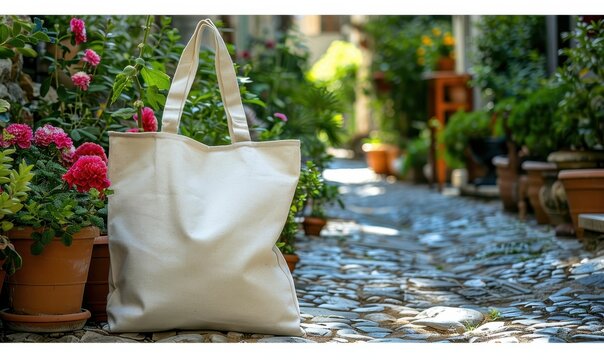 SAC CABAS EN TOILE BLANCHE DANS UN ENVIRONNEMENT EXT&Eacute;RIEUR FLEURI