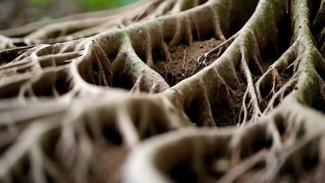 Massive tree roots sprawl above the ground, exposed and intricate, with smaller rootlets extending down to the soil surface