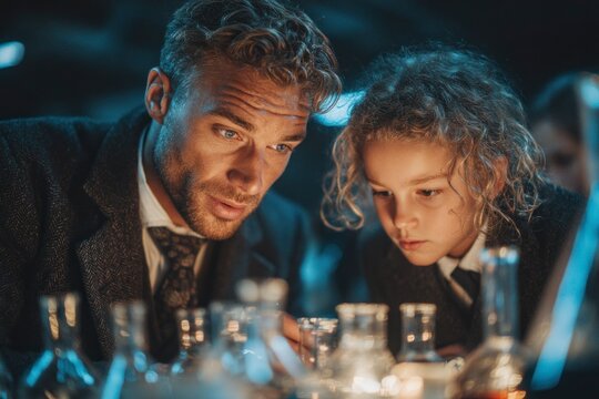 Father and Child Engaged in a Science Experiment Together Exploring Chemistry with Glassware a