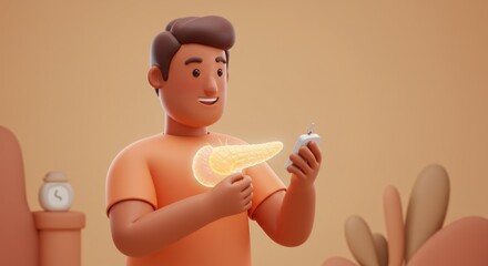 Animated young man enjoying healthy snack in a cozy room with smartphone