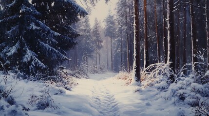 Snowy forest path under bright winter sun.