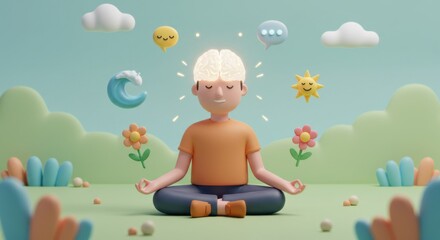 Whimsical cartoon child meditating in a serene dreamlike landscape for mindfulness and relaxation