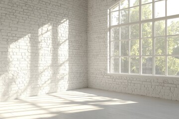 Sunlit, minimalist room with exposed brick walls and large window
