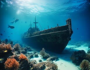 Fototapeta premium exploring an underwater shipwreck graveyard filled with sunken vessels in clear blue waters