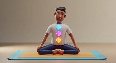 Animated character practicing yoga in a digital environment for wellness and mindfulness