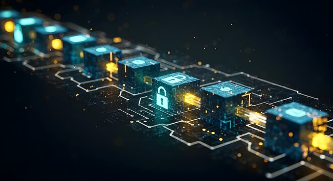 Digital Block Chain Concept with Glowing Circuitry and Security Icons