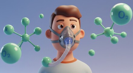 Animated Young Man Using Oxygen Mask with Molecular Structures in Background