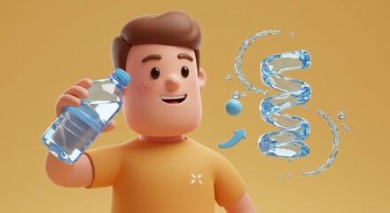Cartoon Boy with Water Bottle and Dynamic Water Splash Illustration