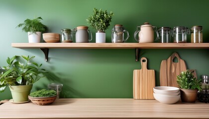 Fototapeta premium modern kitchen with green walls and wooden shelves filled with plants and kitchenware