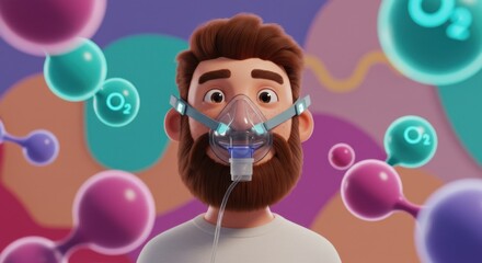 Animated man with beard wearing a breathing mask surrounded by colorful microscopic molecules and particles