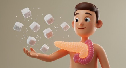 Cartoon Boy with Floating Sugar Cubes and Digestive System Model