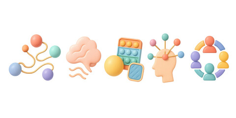 Colorful set of sensory processing and neurodiversity icons featuring brain, fidget toys, neural connections, and community on transparent background