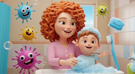 Animated mother and child enjoying bath time with playful germ characters floating around