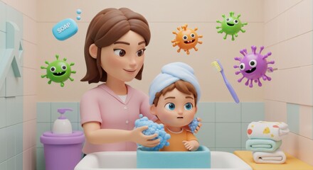 Animated mother and child engaging in playful bath time with colorful germ characters