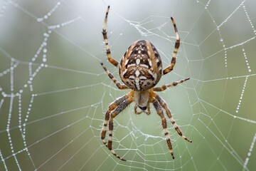 Orb weaver spider on dew-covered web close up