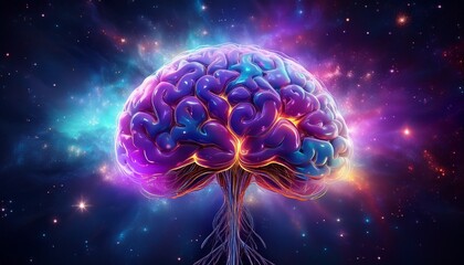 3d illustration cosmic brain glowing in nebula clouds