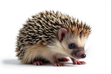 Fototapeta premium Small hedgehog, curled in defense, isolated on white background, wild animal, hedgehog spines, furry