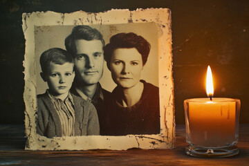 Old photo of family with burning candle commemorating their memory