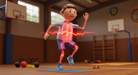 Animated Child Warm-Up Exercise Showing Energy Flow and Movement Dynamics in Indoor Gymnasium