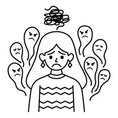 Sad woman icon in line style. An anxious woman icon in line style. Stressed woman icon in line style. Icons about mental health and mental illness