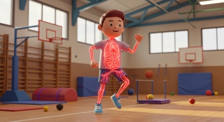 Animated Child Engaging in Physical Exercise in a Gymnasium with Visible Muscle Anatomy
