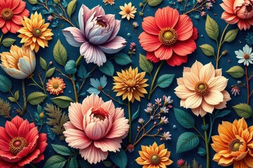 Intricate floral motif in vibrant colors, perfect for upholstery or wall coverings , summer, vector, wallpaper
