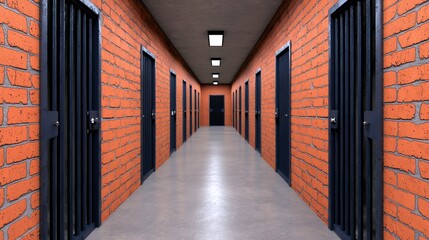 Fototapeta premium Dimly Lit Prison Corridor with Red Brick Walls and Metal Doors