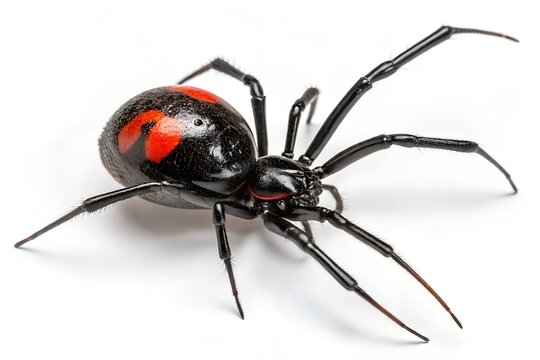 Redback spider close up studio shot isolated white background